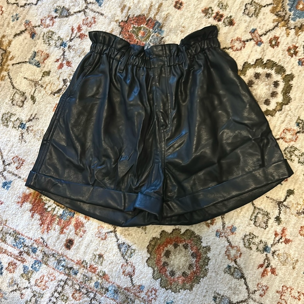 Black faux leather paperbag shorts